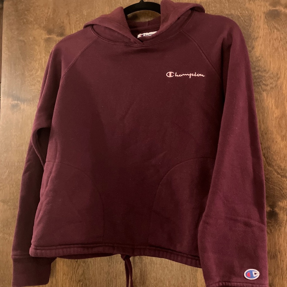 Champion cropped hoodie w/ waist drawstring and side pockets.
